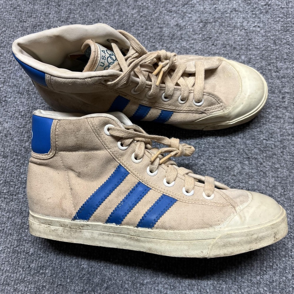 Vintage USA Olympics Shoes Mens Size 7 Beige Blue Canvas High Top Sneakers